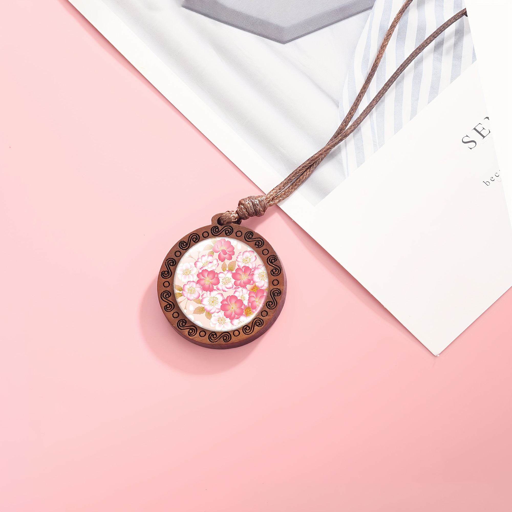 Handmade Pink Floral Pattern Wooden Pendant Necklace